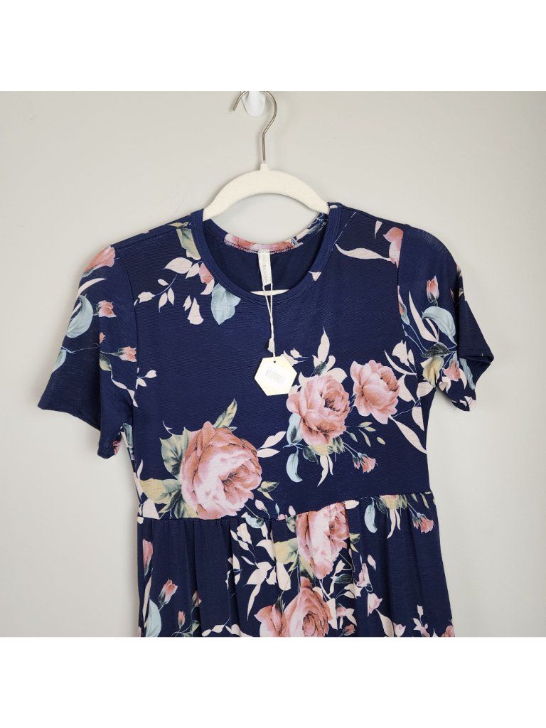 Pinkblush Maternity Maxi Dress Sz S Navy Blue Rose Print Short Sleeve — image 8 of 8